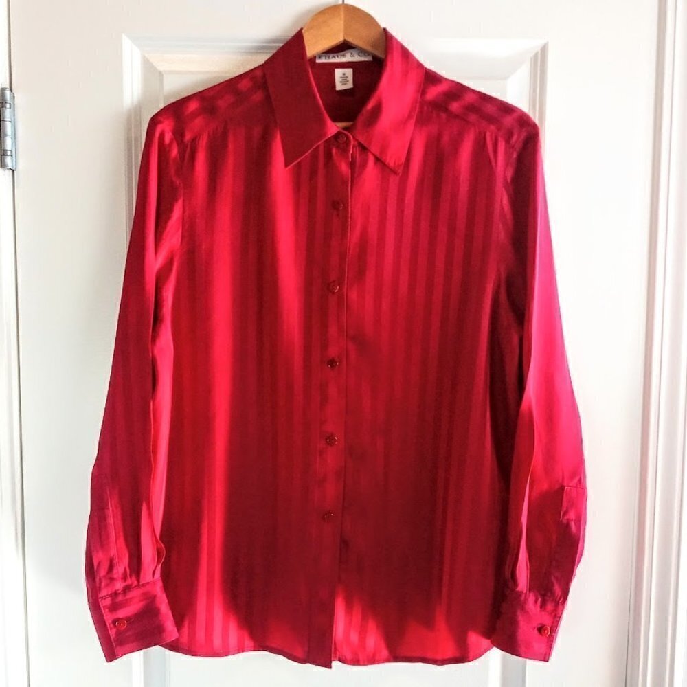 Chaus & Co. Red Jacquard Stripe Silk Blouse